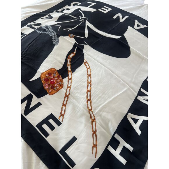 Authentic Chanel Silk Scarf With Elegant Coco Chanel Hat Design In Black & White - Picture 5 of 7